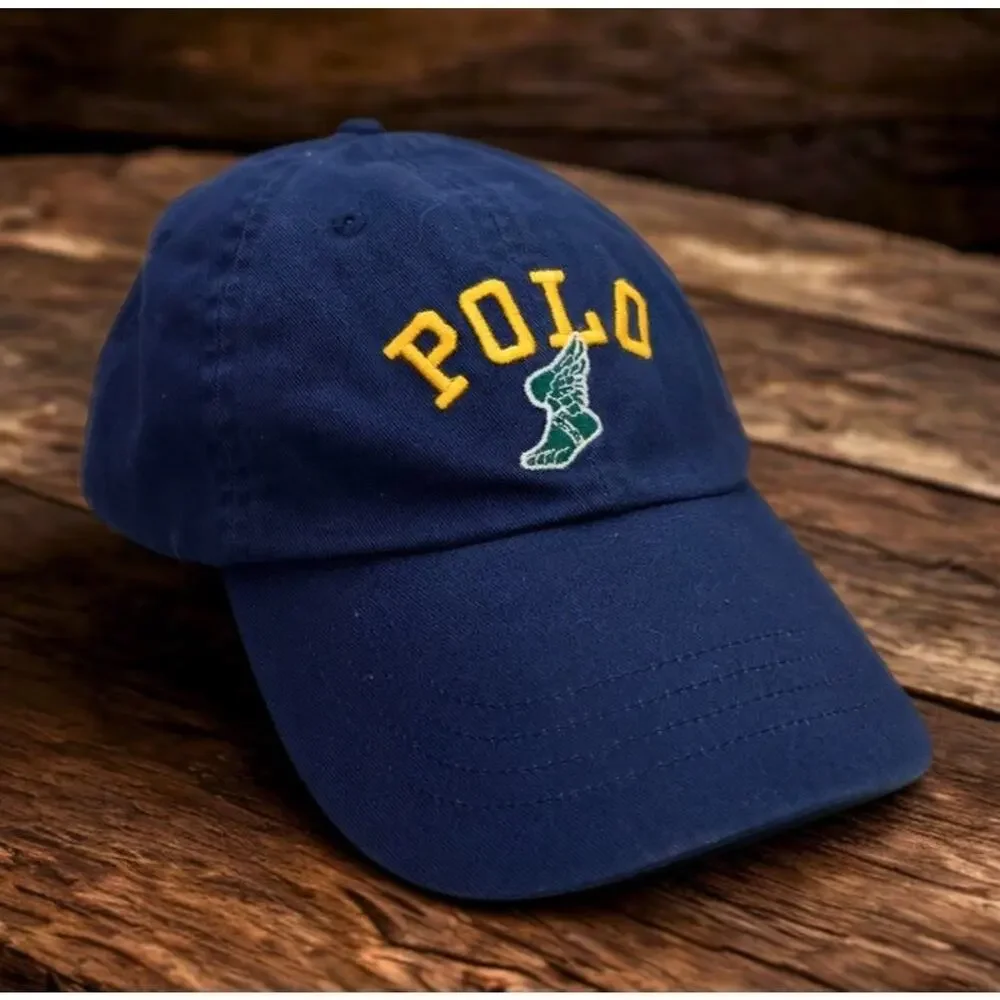 Polo Ralph Lauren P-Wing Foot Navy Adjustable Hat Leather Strap EUC Rare